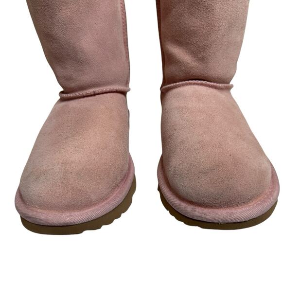 UGG Australia Kids Classic Mini II Cuffed Bow Pink Suede Shearling Boots Girls 4 - Picture 4 of 9
